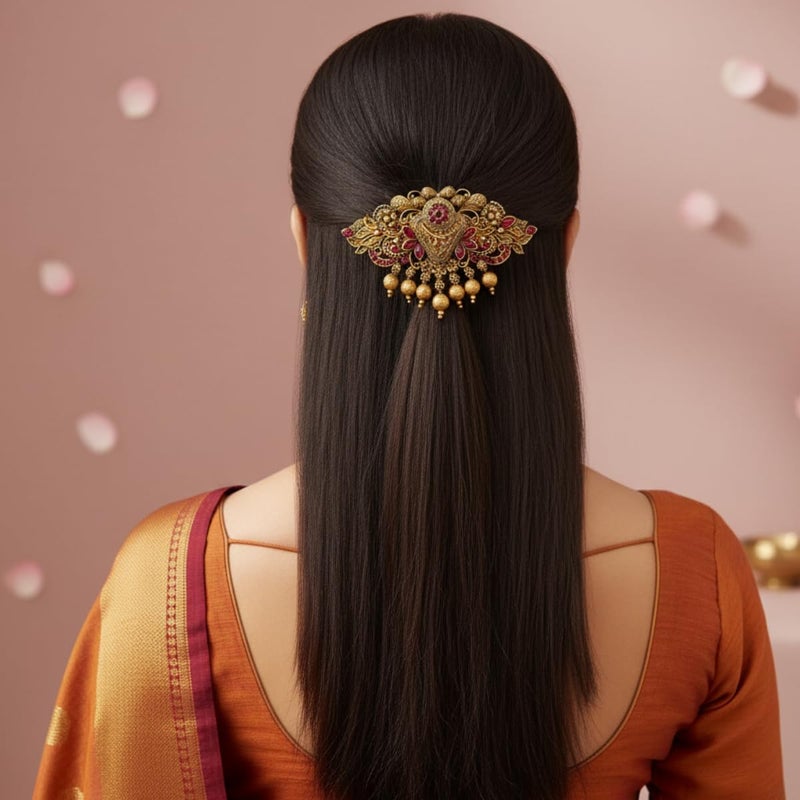 JWELLA Traditional Gold-Plated Hair Barrette Clip With Floral Design And Beads Danglers (Design-5) - Image 3