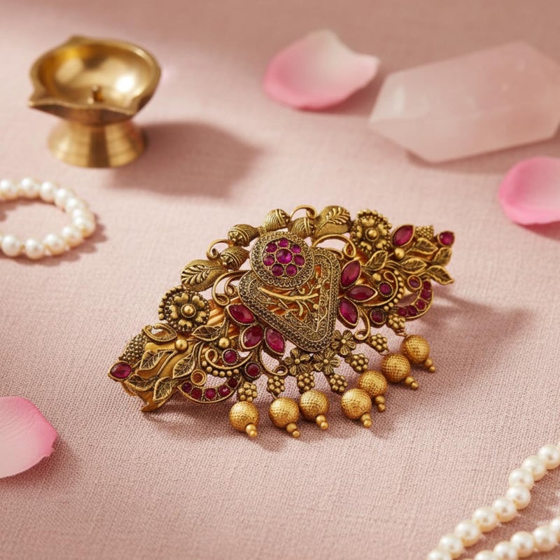 JWELLA Traditional Gold-Plated Hair Barrette Clip With Floral Design And Beads Danglers (Design-5) - Image 2