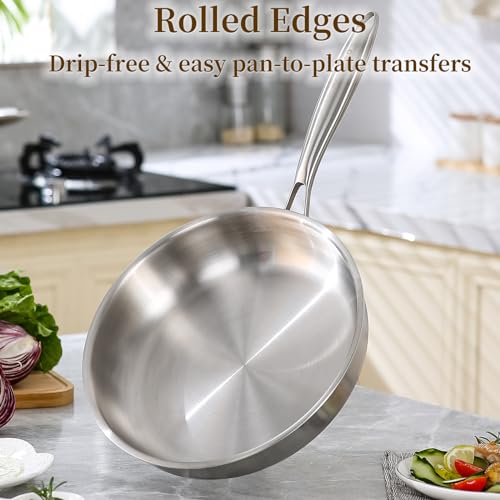 DELARLO Tri-Ply Stainless Steel Frying Pan丨9 inch Skillet with Lid丨All Cooktops Compatible Up to 600℉丨Enegry Saving丨Kitchen Egg Skillet 9" 丨Durable丨Everything Pan丨Omelet Pans for Kitchen Cooking - Image 5