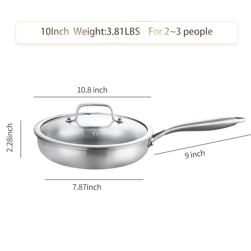 DELARLO Tri-Ply Stainless Steel Frying Pan丨9 inch Skillet with Lid丨All Cooktops Compatible Up to 600℉丨Enegry Saving丨Kitchen Egg Skillet 9" 丨Durable丨Everything Pan丨Omelet Pans for Kitchen Cooking - Image 3