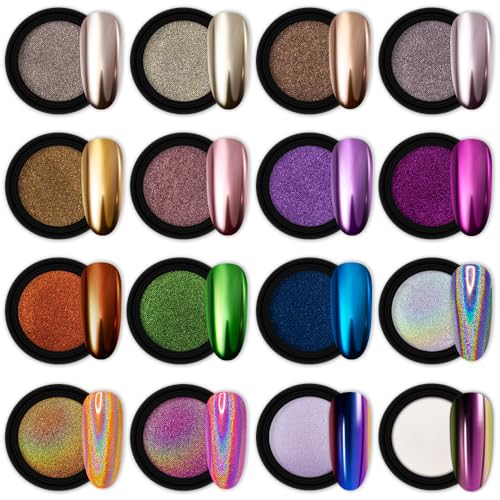 Artdone 16 Jars Chrome Nail Powder Nail Art Fimo Striping Tape Lines Decoration Metallic Mirror Effect Holographic Aurora Chameleon Pigment Powder 1gJar Pearl for Resin Craft  Nail Art