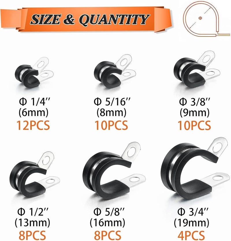 Camtek 52PCS Cable Clamps Assortment Kit Camtek Stainless Steel Rubber Cushion Pipe Clamps Hose Clamps Metal Clamp Fuel Line Hose Water Pipe Air Tubing Clamps 6 Sizes 14 516 38 12 58 34 - Image 2