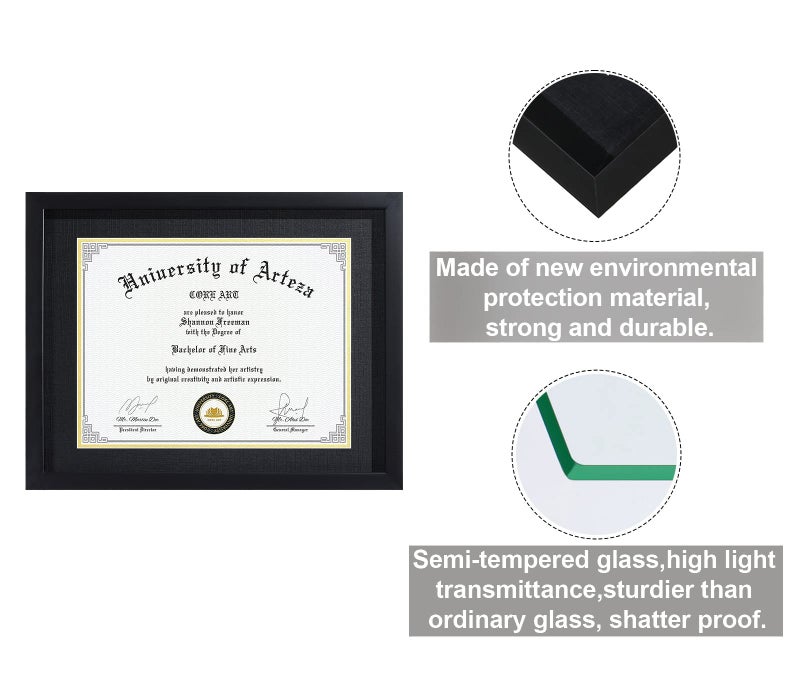 CORE ART 11x14 Diploma Frame Display Certificates 8.5x11 with Mat or 11x14 without Mat, College Degree Frame with Real Glass, Wall and Tabletop Display(Black, 2 Pack) - Image 4