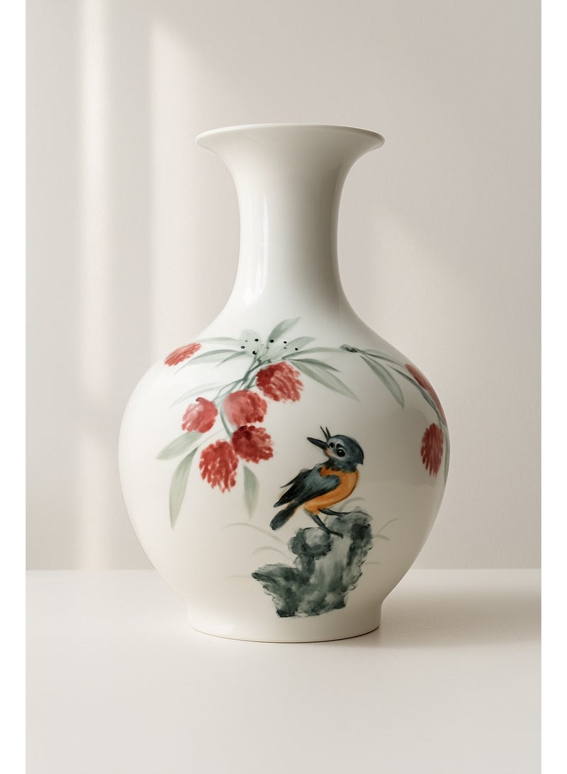 Porcelain Decorative Vase with Hand-Painted Floral & Bird Design – 35cm Tall, 20cm Wide | Elegant Ceramic Flower Vase for Living Room, Office & Home Decoration (White) - Image 1