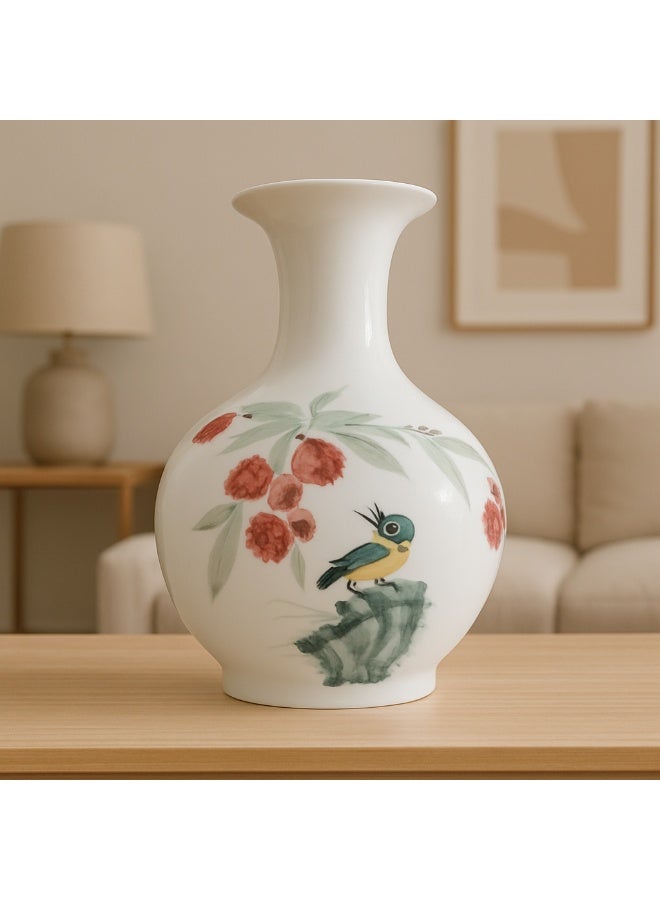 Porcelain Decorative Vase with Hand-Painted Floral & Bird Design – 35cm Tall, 20cm Wide | Elegant Ceramic Flower Vase for Living Room, Office & Home Decoration (White) - Image 4