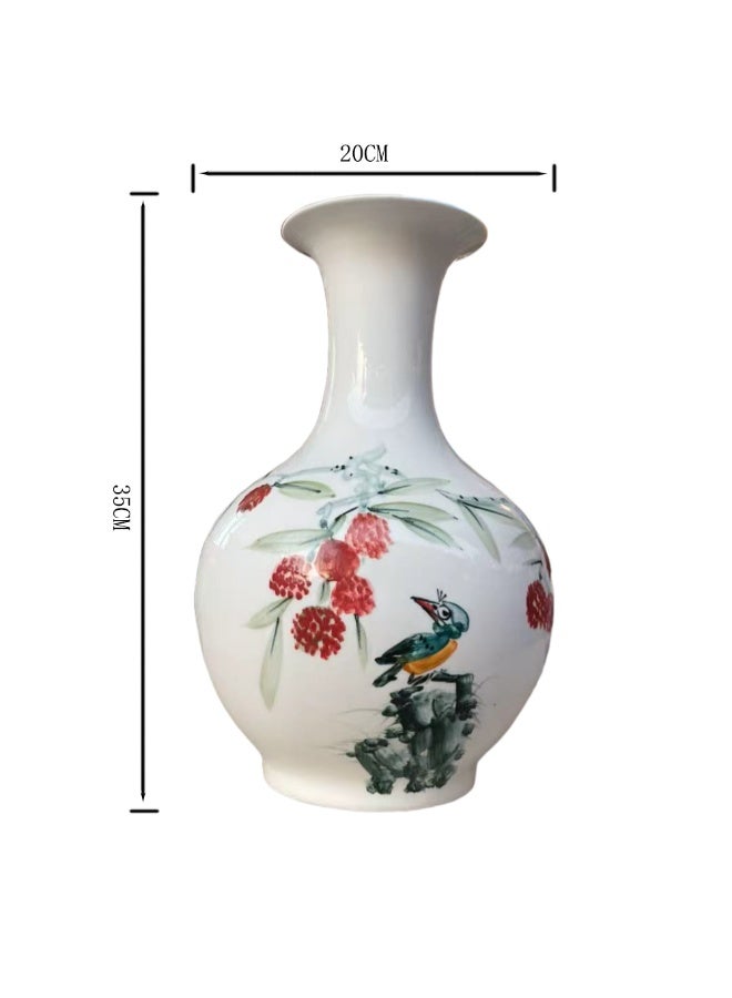 Porcelain Decorative Vase with Hand-Painted Floral & Bird Design – 35cm Tall, 20cm Wide | Elegant Ceramic Flower Vase for Living Room, Office & Home Decoration (White) - Image 2