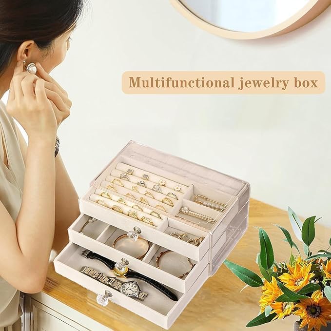 Vlando 3 Layer Jewelry Storage Box 3 Drawers Transparent Clear Ring Necklace Piercing Earrings Bracelet Watch Jewellery Organiser Jewellery Box For Women Acrylic Container For Ring Necklace Organizer - Image 5