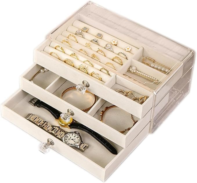 Vlando 3 Layer Jewelry Storage Box 3 Drawers Transparent Clear Ring Necklace Piercing Earrings Bracelet Watch Jewellery Organiser Jewellery Box For Women Acrylic Container For Ring Necklace Organizer - Image 1