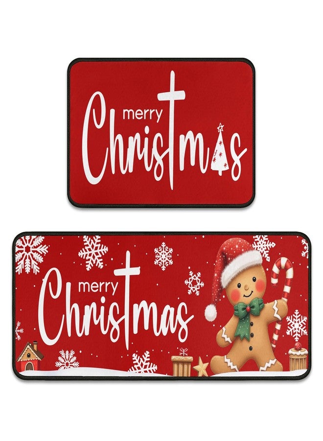 PyreneanHaven Gingerbread Candy Merry Christmas Kitchen Mats Set of 2, Welcome Winter Home Xmas Decor Low-Profile Kitchen Rugs for Floor, Christmas Decorations for Home Gingerbread Decor 17"X47"+17"X30" - Image 1