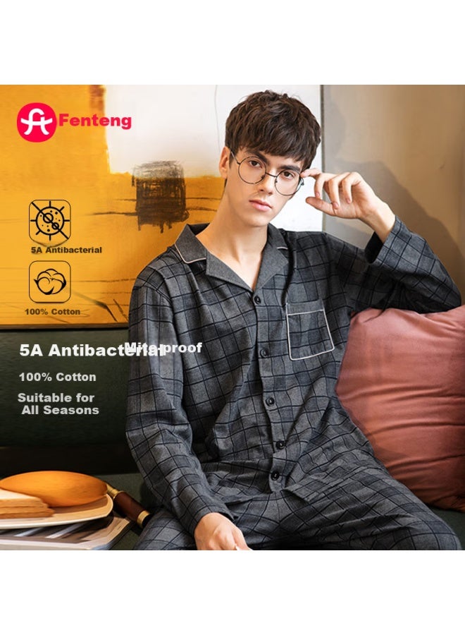 Fenteng Men'S 5A Antibacterial And Mite-Proof Cotton Pajamas With British Style Pattern And National Collar Long Sleeves Home Wear