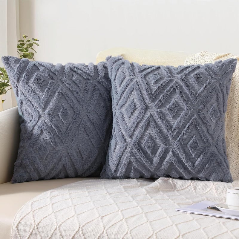 Pallene Spring Blue Grey Throw Pillow Covers 20x20 Set of 2 Soft Plush Faux Fur Decorative Couch Pillow Covers for Sofa Bed Living Room Pillow Cases with 3D Diamond Pattern