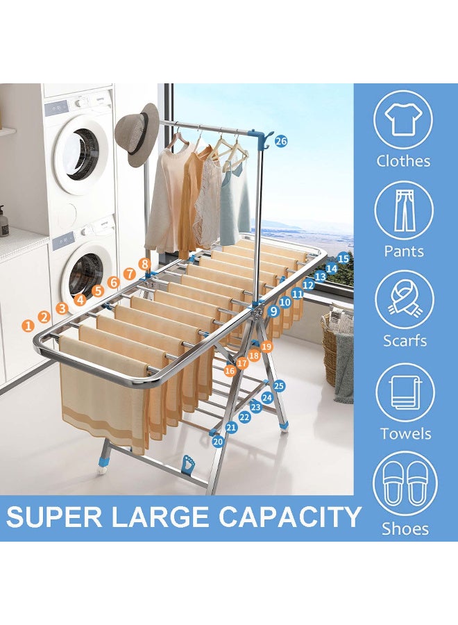 زيريفام رف تجفيف الملابس بعجلات، رفوف تجفيف قابلة للطي بأربع طبقات للغسيل، رف غسيل قابل للطي من الفولاذ المقاوم للصدأ مع ارتفاع قابل للتعديل، رف غسيل قابل للطي، تخزين سهل (180 سم) - Image 3