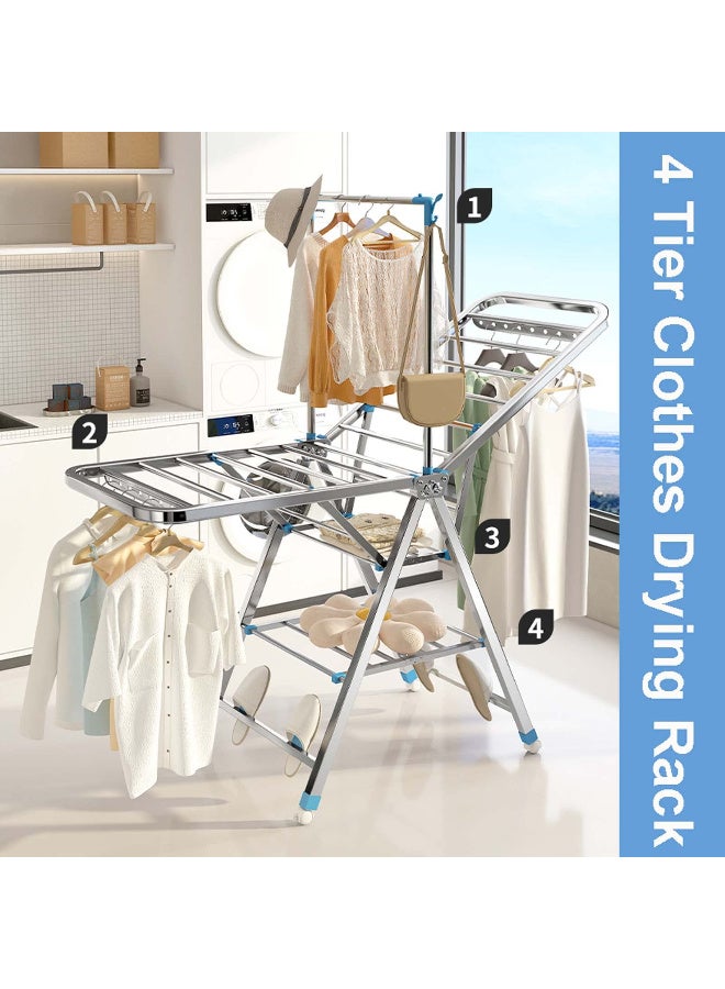 زيريفام رف تجفيف الملابس بعجلات، رفوف تجفيف قابلة للطي بأربع طبقات للغسيل، رف غسيل قابل للطي من الفولاذ المقاوم للصدأ مع ارتفاع قابل للتعديل، رف غسيل قابل للطي، تخزين سهل (180 سم) - Image 4