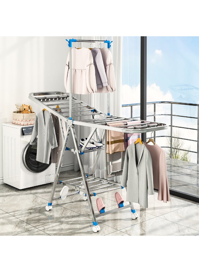 زيريفام رف تجفيف الملابس بعجلات، رفوف تجفيف قابلة للطي بأربع طبقات للغسيل، رف غسيل قابل للطي من الفولاذ المقاوم للصدأ مع ارتفاع قابل للتعديل، رف غسيل قابل للطي، تخزين سهل (180 سم) - Image 1