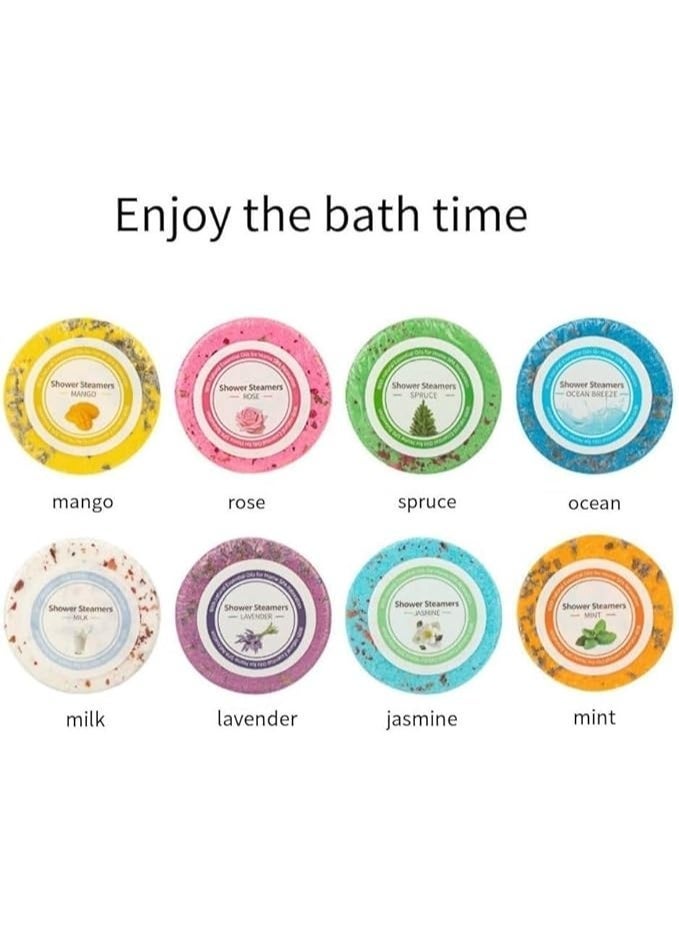 ChicAbode 8 جهاز كمبيوتر شخصي العلاج بالروائح حمام بخارات مجموعة هدية ، قنابل دش الزيت الأساسي الطبيعي للاسترخاء والتخفيف من الإجهاد ، أقراص سبا مع المانجو والورد واللافندر ورائح النعناع ، للنساء والرجال - Image 2