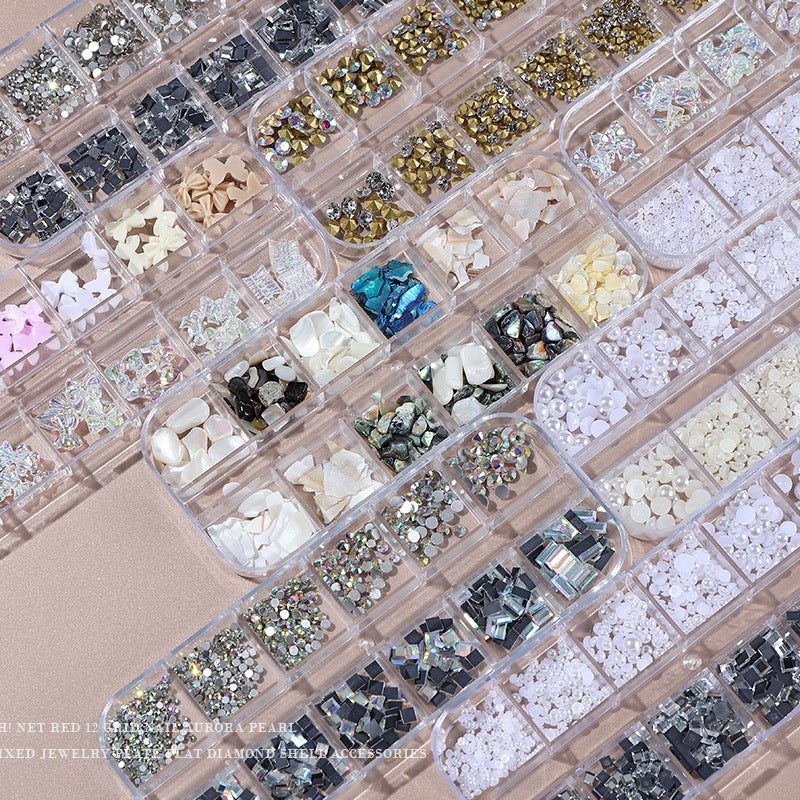 Internet Red 12 Grid Aurora Pearl Nail Jewelry Explosive Mix And Match Shell Diamond Flat Bottom Rhinestone Pearl Nail Decoration - Image 3