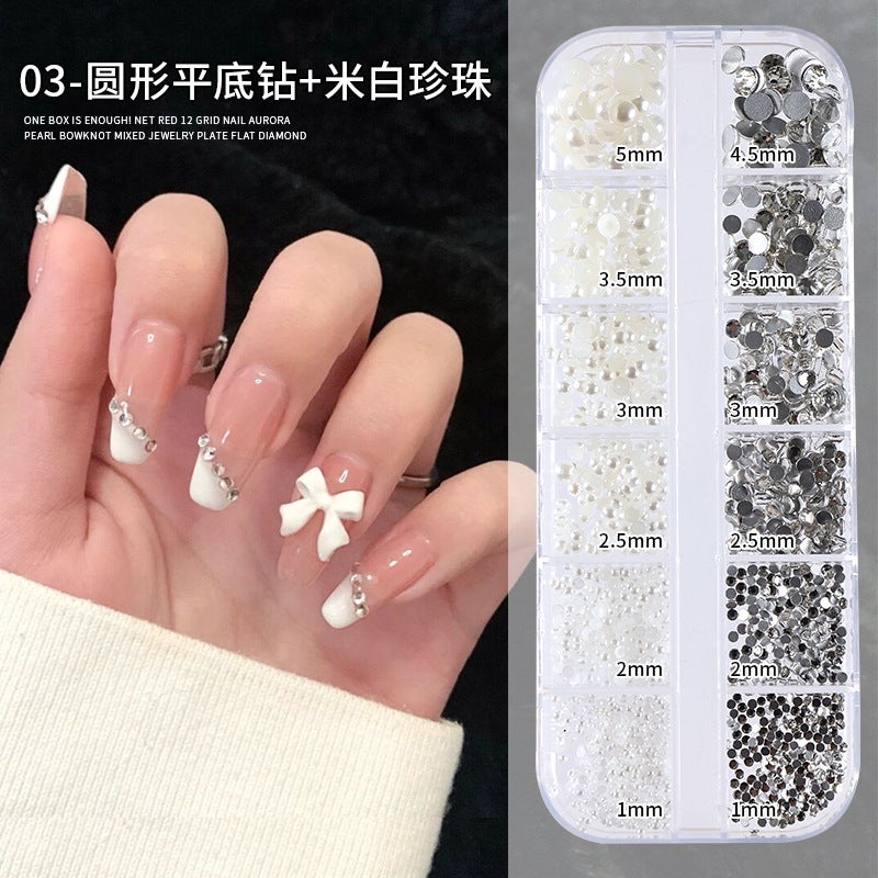 Internet Red 12 Grid Aurora Pearl Nail Jewelry Explosive Mix And Match Shell Diamond Flat Bottom Rhinestone Pearl Nail Decoration - Image 1