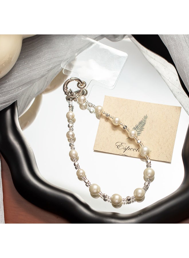 NIBEMINENT Beaded Phone Lanyard, Anti Lost Removable Wrist Strap, Short Sleeve Wrist Bracelet Pearl Bracelet Pendant, Phone Keychain Lanyard, White