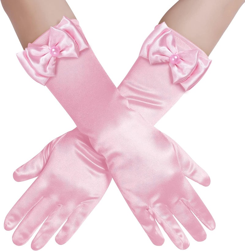 Yolyoo Girls Princess Gloves,Girl White Long Satin Princess Dress Up Diamonds Bows Gloves for Birthday,Wedding, Costume Party - Image 1