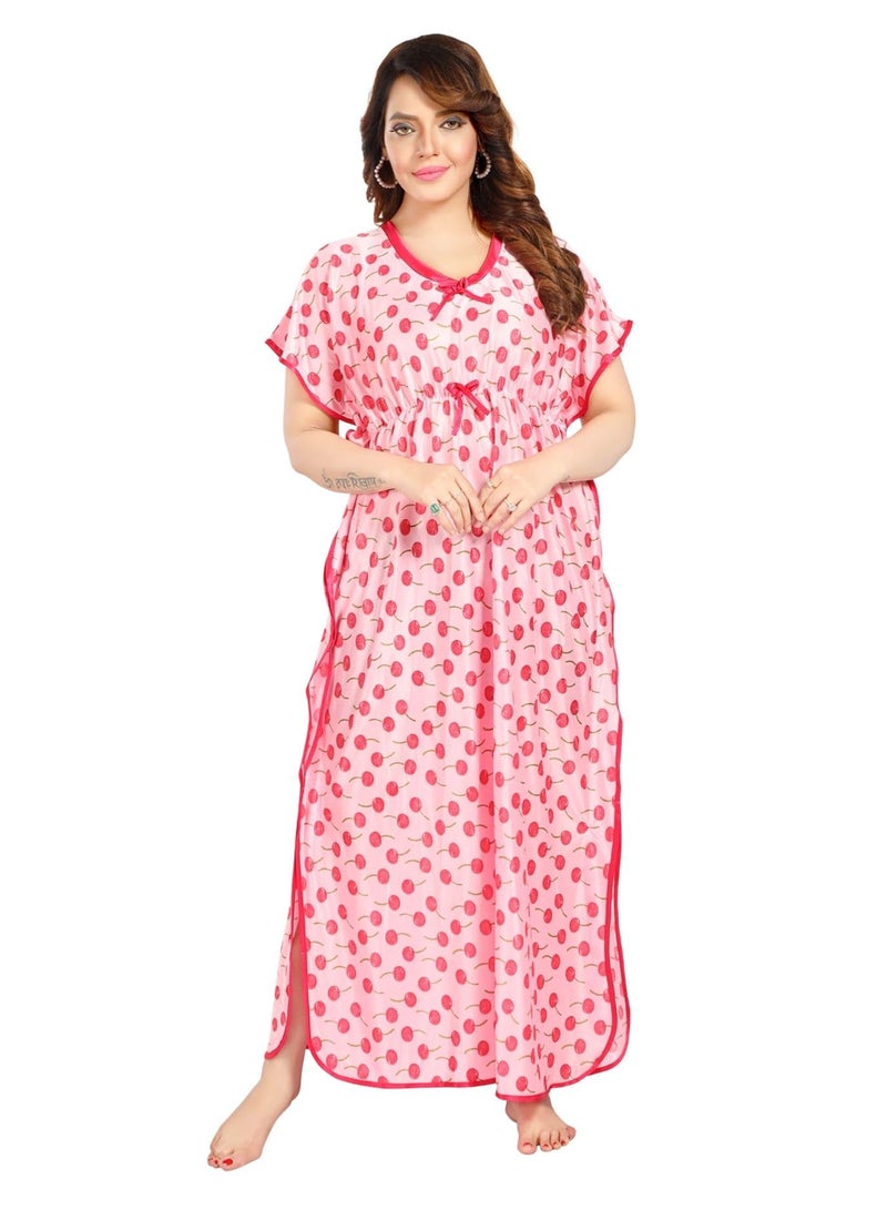 Fabme Women's Satin Maxi Casual Nightgown (NW0235_Pink_Free Size) - Image 1