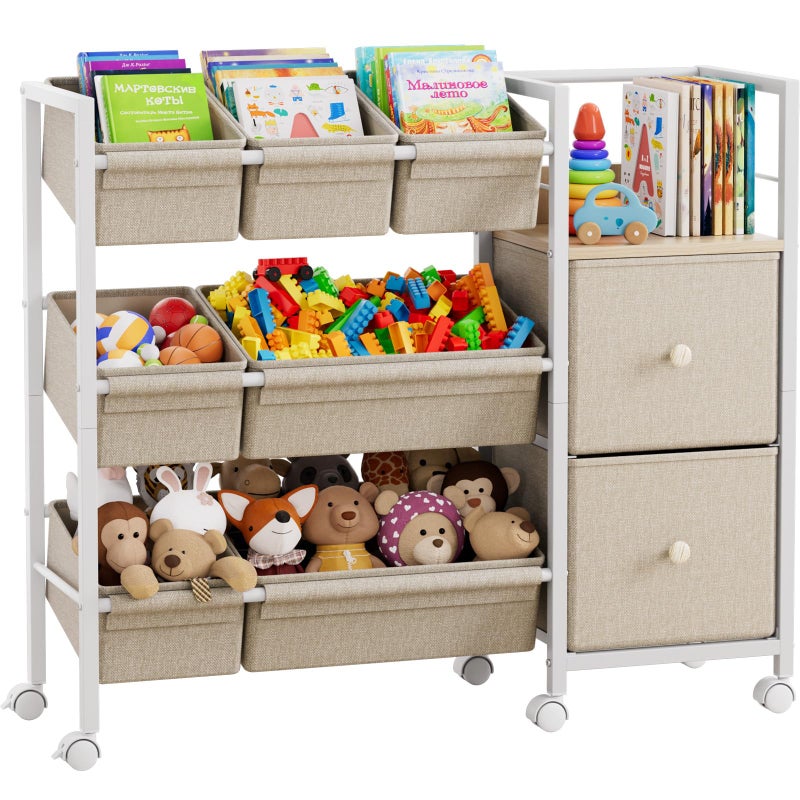 Modanais Kids Toy Organizers and Storage Bins - 7 Storage Bins + 2 Fabric Drawers + 1 Bookshelf, Playroom Storage, Mobile Cart Organizer for Toy, Clothes, Blankets and Books - Off White - Image 1