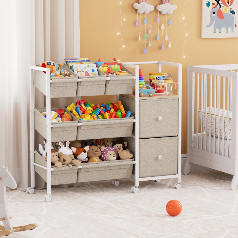 Modanais Kids Toy Organizers and Storage Bins - 7 Storage Bins + 2 Fabric Drawers + 1 Bookshelf, Playroom Storage, Mobile Cart Organizer for Toy, Clothes, Blankets and Books - Off White - Image 3