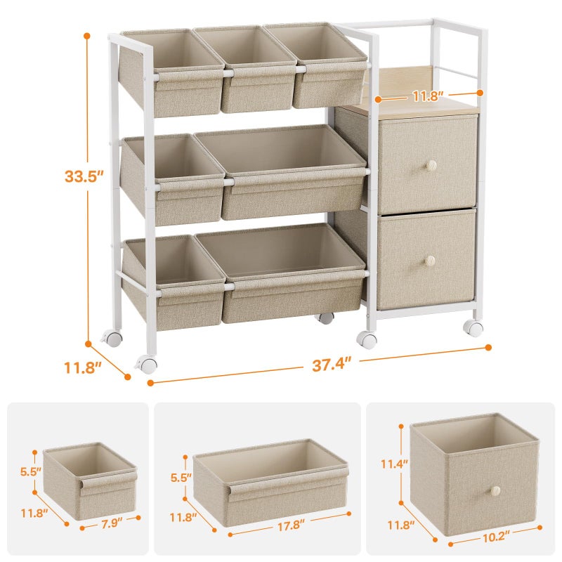 Modanais Kids Toy Organizers and Storage Bins - 7 Storage Bins + 2 Fabric Drawers + 1 Bookshelf, Playroom Storage, Mobile Cart Organizer for Toy, Clothes, Blankets and Books - Off White - Image 2
