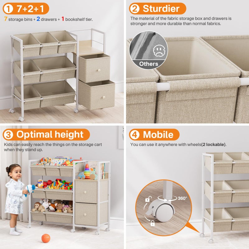 Modanais Kids Toy Organizers and Storage Bins - 7 Storage Bins + 2 Fabric Drawers + 1 Bookshelf, Playroom Storage, Mobile Cart Organizer for Toy, Clothes, Blankets and Books - Off White - Image 4