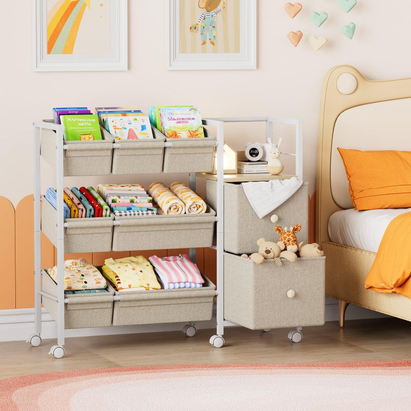 Modanais Kids Toy Organizers and Storage Bins - 7 Storage Bins + 2 Fabric Drawers + 1 Bookshelf, Playroom Storage, Mobile Cart Organizer for Toy, Clothes, Blankets and Books - Off White - Image 5