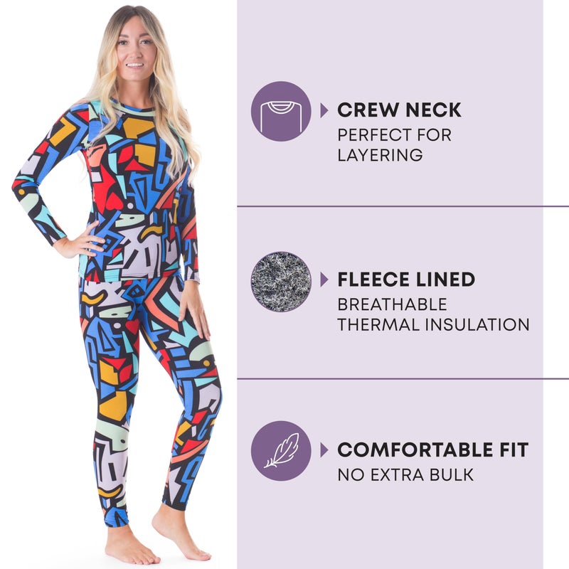 Rocky Thermal Underwear Women Long Johns Womens Thermals Top Bottom Set Fleece Lined Under Wear Clothes Base Layer Thermals, X-Small, Geometric Design - Image 2