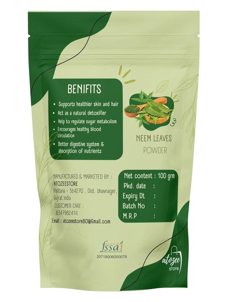 ATOZEE STORE ATOZEE STORE Pure Natural Neem Leaves Powder 100 grm for Eating Drinking skin and Hair Nutrition Dehydration Evens Skin Tone Acne PimplesHair Thicker Stronger 100 GRM - Image 2