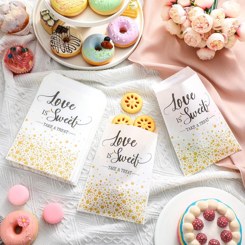 Woanger 300 Pcs Wedding Favor Candy Buffet Bags 5 x 7 Inch Self Adhesive Wedding Treat Bags Love Is Sweet Take a Treat Cookie Gold Dots Kraft Paper Wrap Gift for birthday Bridal baby Shower Party - Image 4