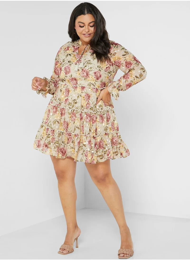 lovedrobe Floral Print Notch Neck Skater Dress