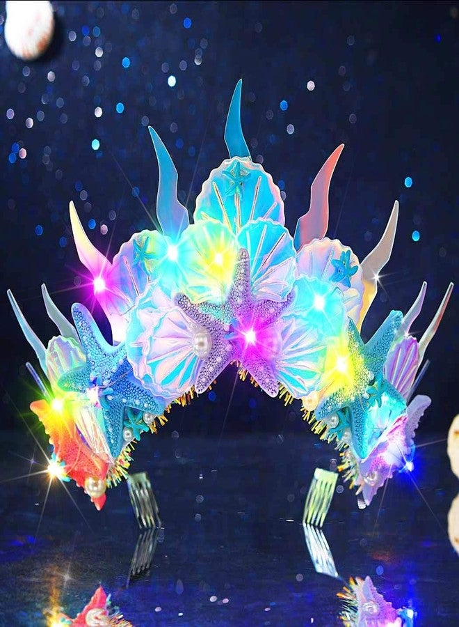 ACEDRE Light Up Mermaid Starfish Crown LED Glowing Seashell Tiara with Combs Beach Rave Costume Hair Accessories for Women - Image 1