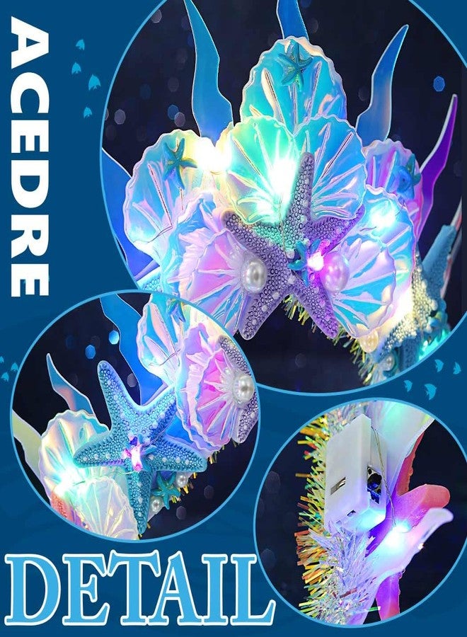 ACEDRE Light Up Mermaid Starfish Crown LED Glowing Seashell Tiara with Combs Beach Rave Costume Hair Accessories for Women - Image 5