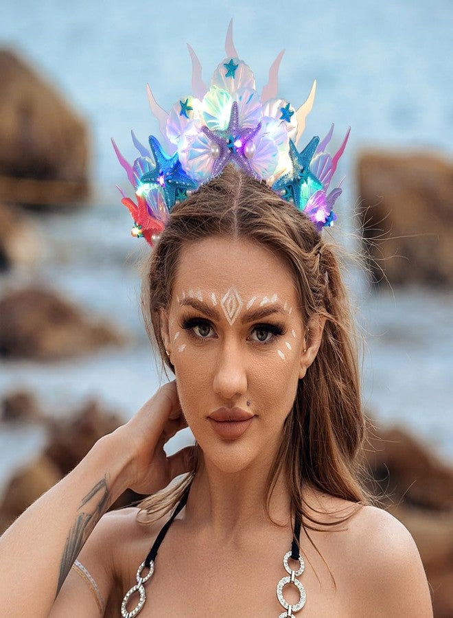 ACEDRE Light Up Mermaid Starfish Crown LED Glowing Seashell Tiara with Combs Beach Rave Costume Hair Accessories for Women - Image 2
