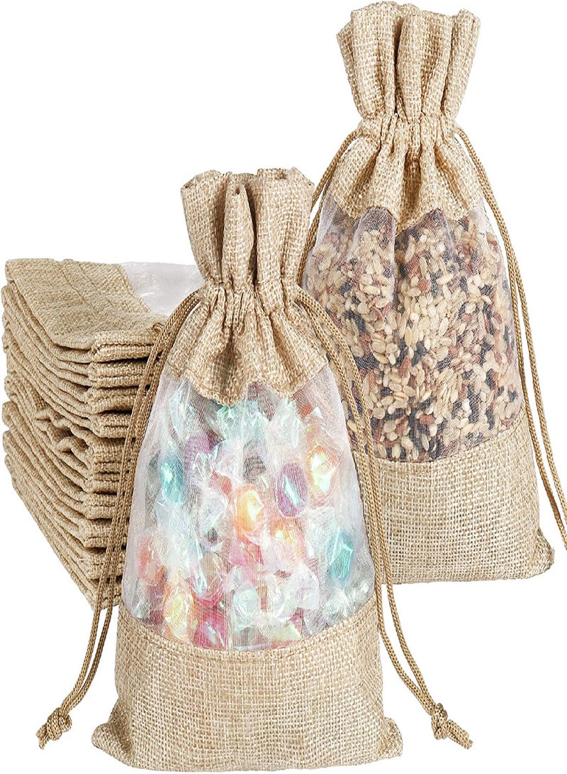KASTWAVE Burlap Drawstring Bags Clear Open Window Jute Fabric Drawstring Gift Bags 12pcs 5x7" Candy Jewelry Gift Pouches for Party Favors DIY Craft Birthday Wedding Grain Small Toys  Organized Bag  - Image 1