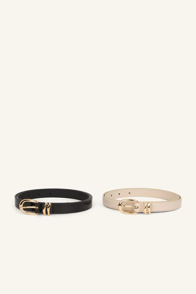 Defacto Woman Oval Buckle 2 Piece Faux Leather Belt Set