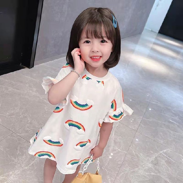 Girls T-Shirt Skirt 2021 Summer Baby Girls Skirt Cute Korean-style Rainbow T-shirt Mid-length Childrens Dress Milky White 