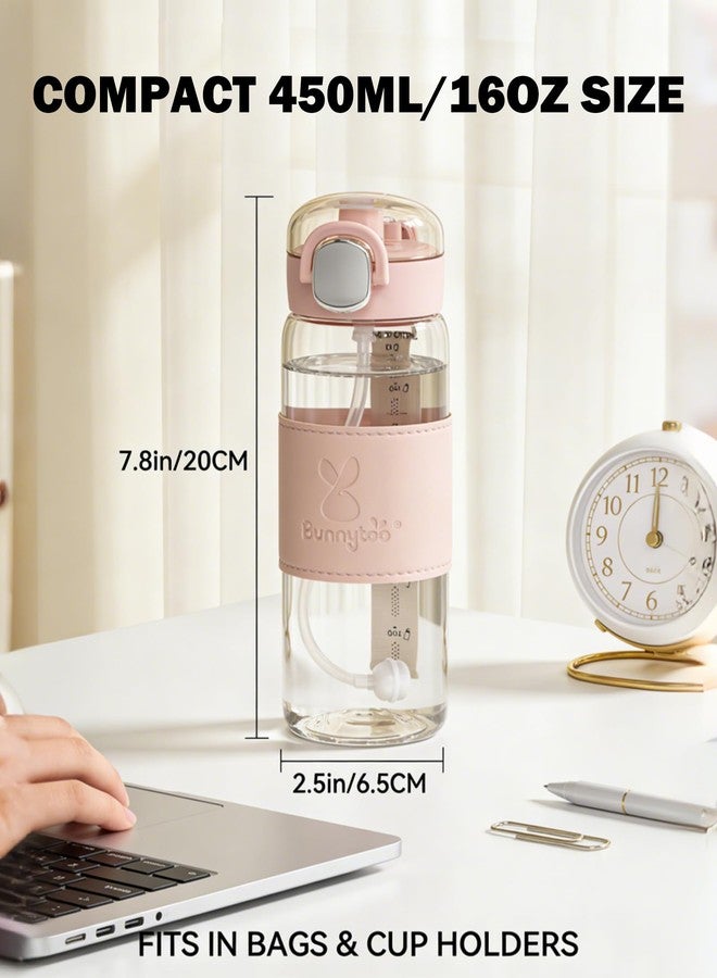 Bunnytoo Adult Water Bottle, Dual Lid (Straw & Direct Drink), 450ml/15oz Leak Proof Tritan Cup - BPA-Free, Matching Fabric Handle, Anti-Slip PU Leather Sleeve, Easy to Clean (Peach) - Image 1