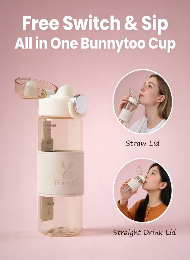 Bunnytoo Adult Water Bottle, Dual Lid (Straw & Direct Drink), 450ml/15oz Leak Proof Tritan Cup - BPA-Free, Matching Fabric Handle, Anti-Slip PU Leather Sleeve, Easy to Clean (Peach) - Image 2