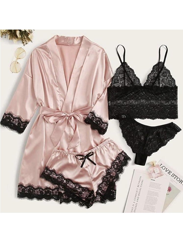 Luxury 4-Piece Women's Satin & Lace Pajama Set - Blush Pink Silky Robe with Black Lace Trim, Lace Bralette, Lace Panty & Matching Shorts, Sexy Bridal Lingerie Sleepwear for Honeymoon, Romantic Nights - Image 1