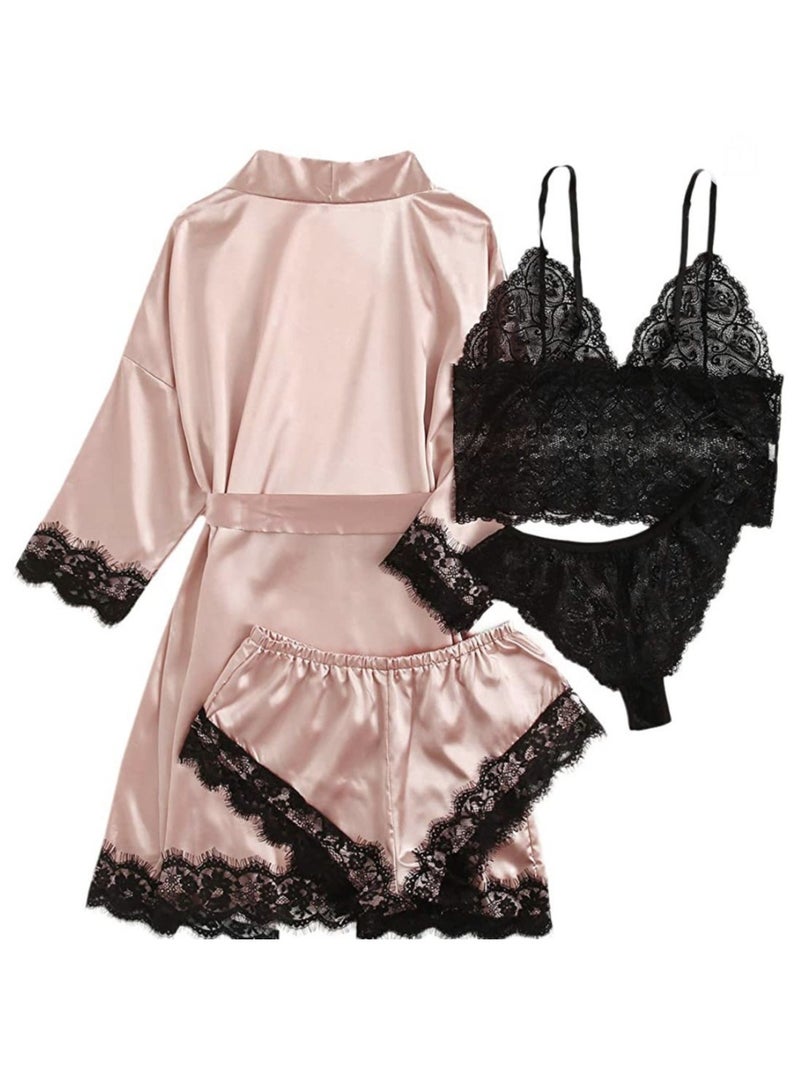 Luxury 4-Piece Women's Satin & Lace Pajama Set - Blush Pink Silky Robe with Black Lace Trim, Lace Bralette, Lace Panty & Matching Shorts, Sexy Bridal Lingerie Sleepwear for Honeymoon, Romantic Nights - Image 2