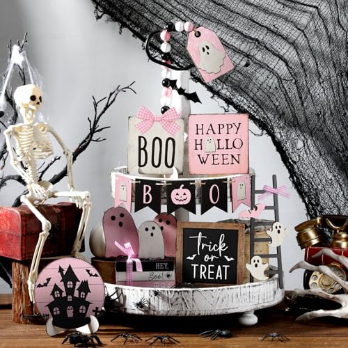 GlikCeil 19 Pcs Halloween Tiered Tray Decor Set Cute Ghost Bat Wooden Signs Farmhouse Rustic Tiered Tray Decoration Tabletop Sign for Home Table Kitchen Shelf Halloween Party Supplies PinkGhost - Image 3