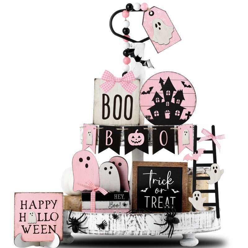 GlikCeil 19 Pcs Halloween Tiered Tray Decor Set Cute Ghost Bat Wooden Signs Farmhouse Rustic Tiered Tray Decoration Tabletop Sign for Home Table Kitchen Shelf Halloween Party Supplies PinkGhost - Image 2