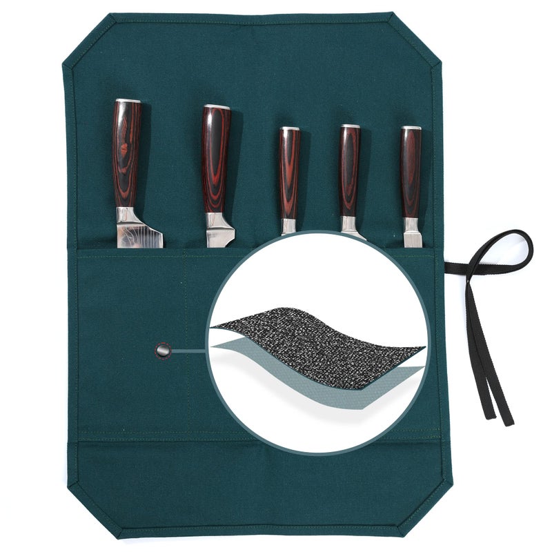 Kaaltisy Chef Knife Roll Bag Heavy Duty 16oz Waxed Canvas Knife Storage Case Knife Carrier Roll with Cut Resistant Fabric 5 Slots Knife Bag with Tie Rope Dark Green - Image 2