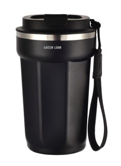 GREEN LION Vacuum Mug 380 ml / Double-Wall Vacuum Insulation / Food-grade Material / 4-6 Hours Hot & Cold Drinks /Bottle Carrier Strap /Coffee/Tea/Chilled Refreshments /For Travel/Work Durable Mug - Black  - Image 1