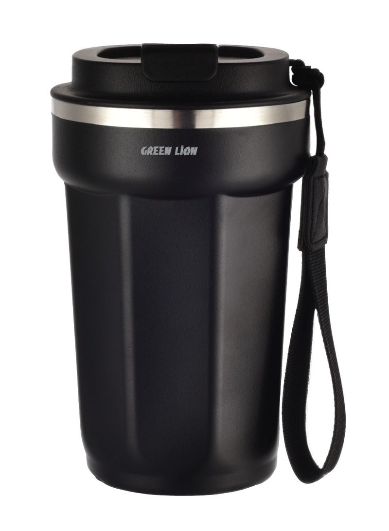 GREEN LION Vacuum Mug 380 ml / Double-Wall Vacuum Insulation / Food-grade Material / 4-6 Hours Hot & Cold Drinks /Bottle Carrier Strap /Coffee/Tea/Chilled Refreshments /For Travel/Work Durable Mug - Black - Image 1