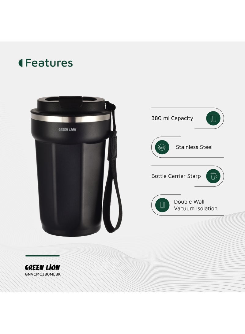 GREEN LION Vacuum Mug 380 ml / Double-Wall Vacuum Insulation / Food-grade Material / 4-6 Hours Hot & Cold Drinks /Bottle Carrier Strap /Coffee/Tea/Chilled Refreshments /For Travel/Work Durable Mug - Black - Image 2