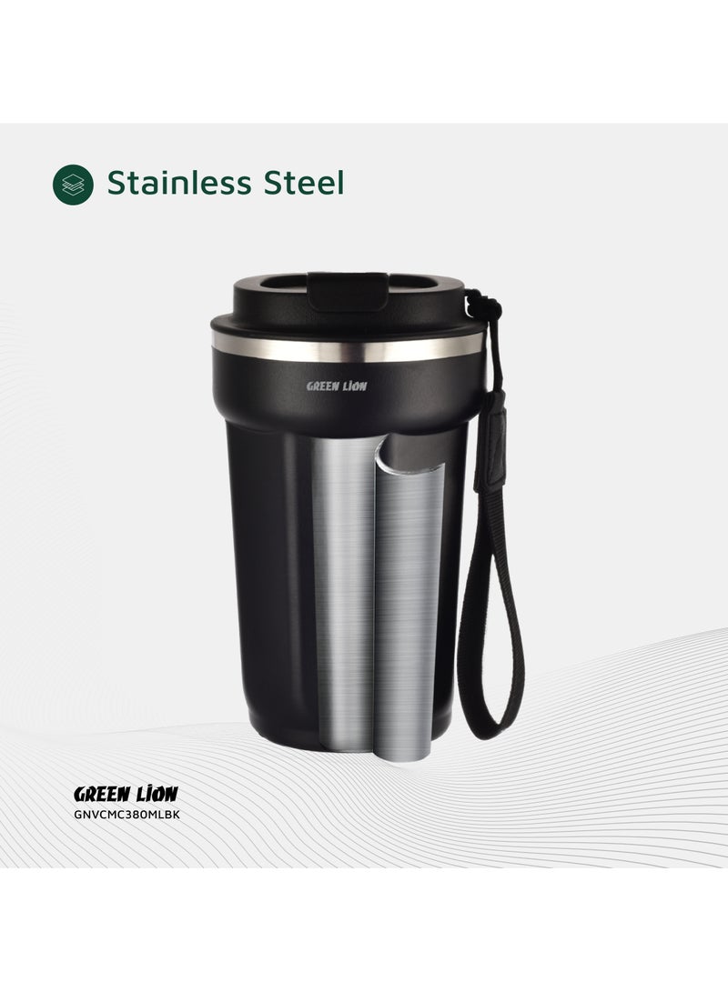 GREEN LION Vacuum Mug 380 ml / Double-Wall Vacuum Insulation / Food-grade Material / 4-6 Hours Hot & Cold Drinks /Bottle Carrier Strap /Coffee/Tea/Chilled Refreshments /For Travel/Work Durable Mug - Black - Image 3